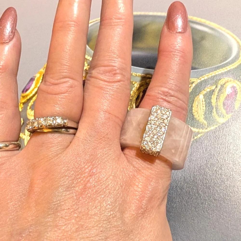 Vintage Myanmar Pink Jadeite Ring with CZ Accents - Picture 3 of 8